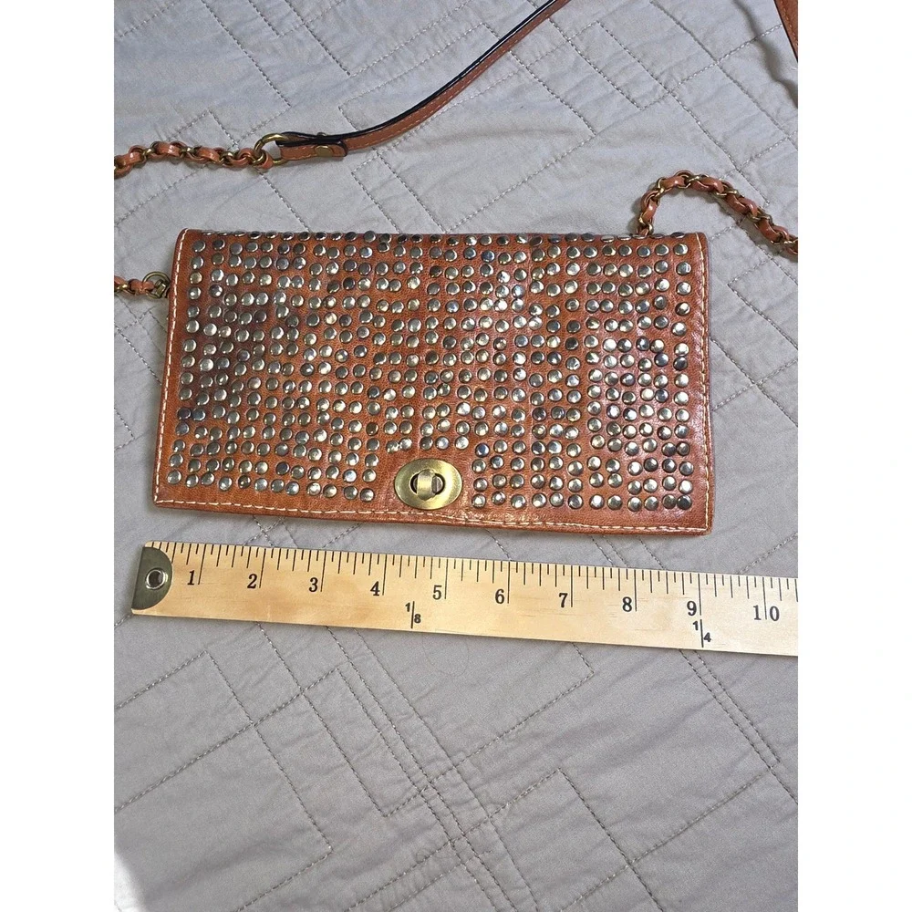 Cognac Brown Studded Leather Crossbody Bag Turn Lock Small Clutch Boho Western